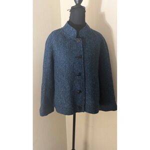 Womens Textured Tweed Jacket Wool Blend Button Up Coat High Collar Blue Size 12